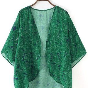 New Green Plant Kimono Sheer Swimsuit Cover Up Hippie Shawl